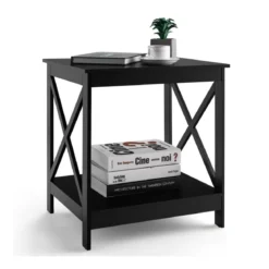 Beistelltisch 2-Stufiger Moderner Kaffeetisch Boden-Couchtisch mit X-förmigem Design Schwarz