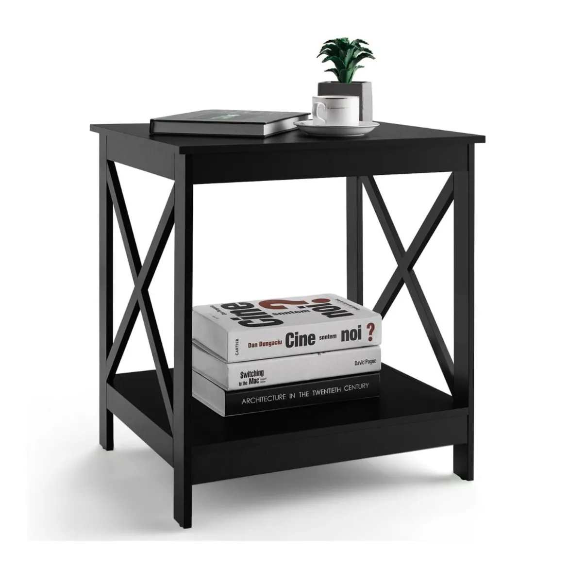 Beistelltisch 2-Stufiger Moderner Kaffeetisch Boden-Couchtisch mit X-förmigem Design Schwarz