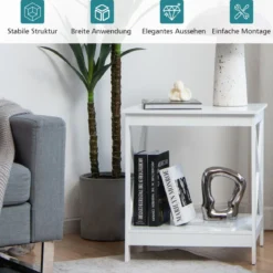 Beistelltisch 2-Stufiger Moderner Kaffeetisch Boden-Couchtisch mit X-förmigem Design Weiß