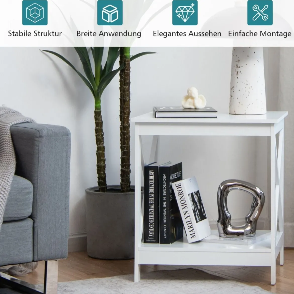 Beistelltisch 2-Stufiger Moderner Kaffeetisch Boden-Couchtisch mit X-förmigem Design Weiß