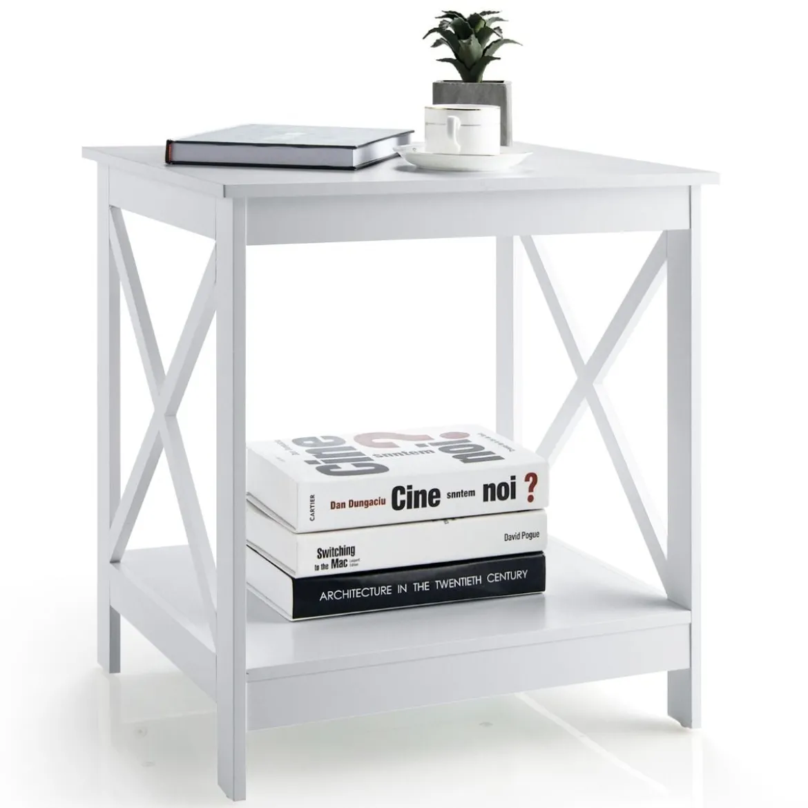 Beistelltisch 2-Stufiger Moderner Kaffeetisch Boden-Couchtisch mit X-förmigem Design Weiß
