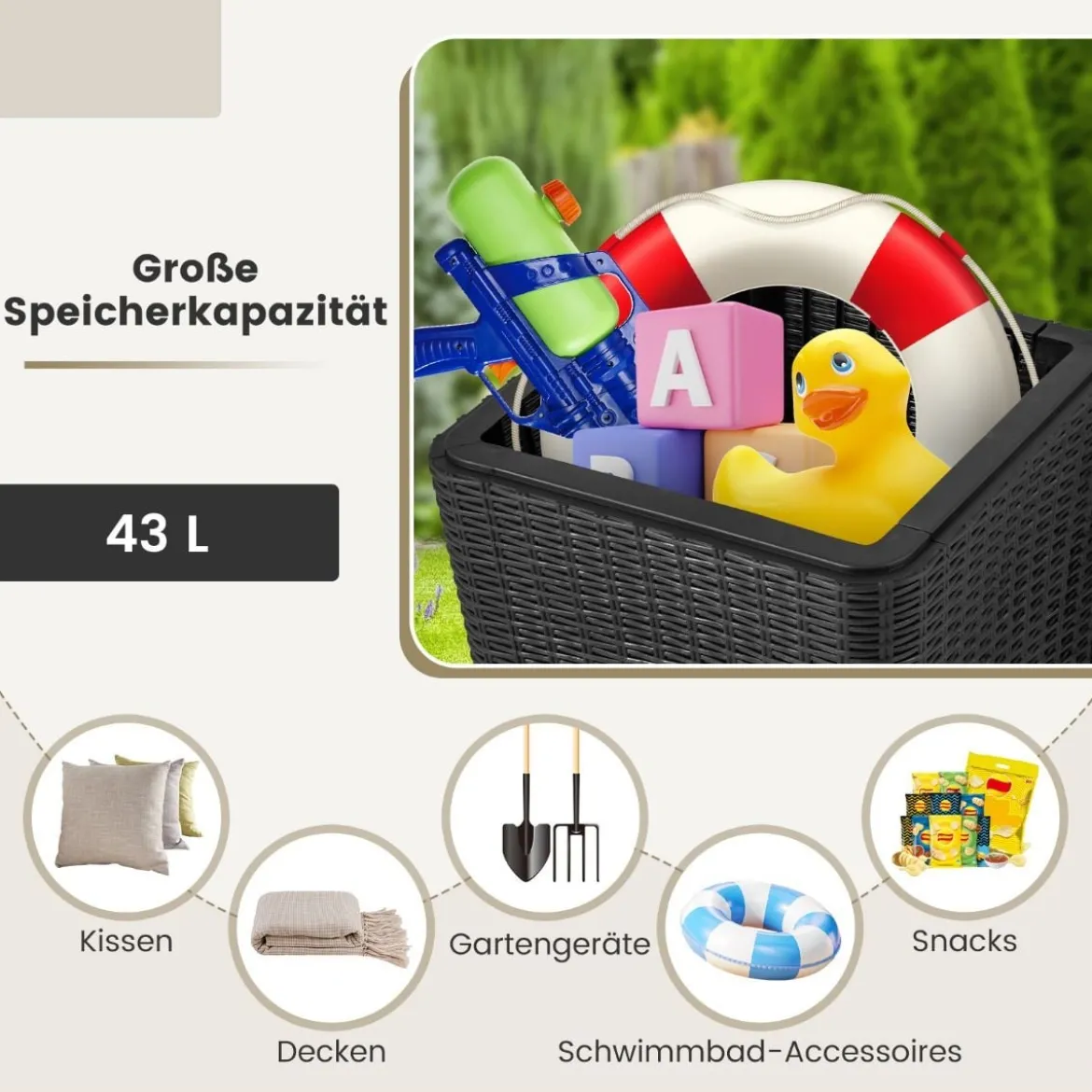 Beistelltisch wetterfest Sitzhocker mit abnehmbarem Deckel und Stauraum 38,5 x 38,5 x 42,5 cm Schwarz