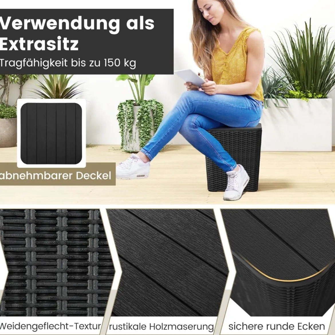 Beistelltisch wetterfest Sitzhocker mit abnehmbarem Deckel und Stauraum 38,5 x 38,5 x 42,5 cm Schwarz