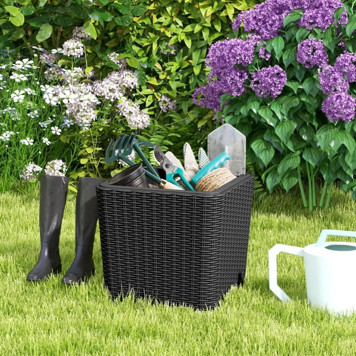 Beistelltisch wetterfest Sitzhocker mit abnehmbarem Deckel und Stauraum 38,5 x 38,5 x 42,5 cm Schwarz