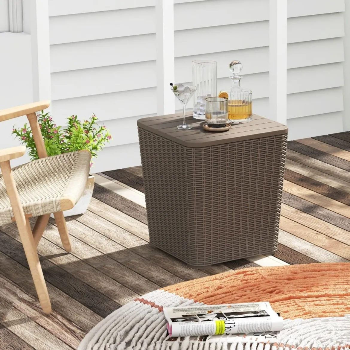 Beistelltisch wetterfest Sitzhocker mit abnehmbarem Deckel und Stauraum 38,5 x 38,5 x 42,5 cm Braun