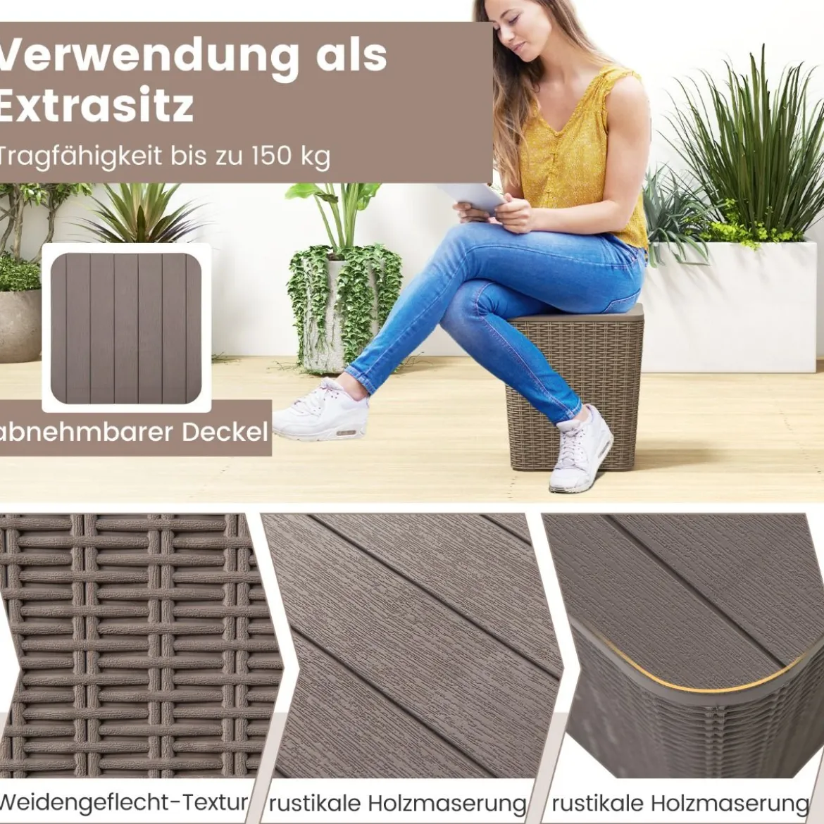 Beistelltisch wetterfest Sitzhocker mit abnehmbarem Deckel und Stauraum 38,5 x 38,5 x 42,5 cm Braun