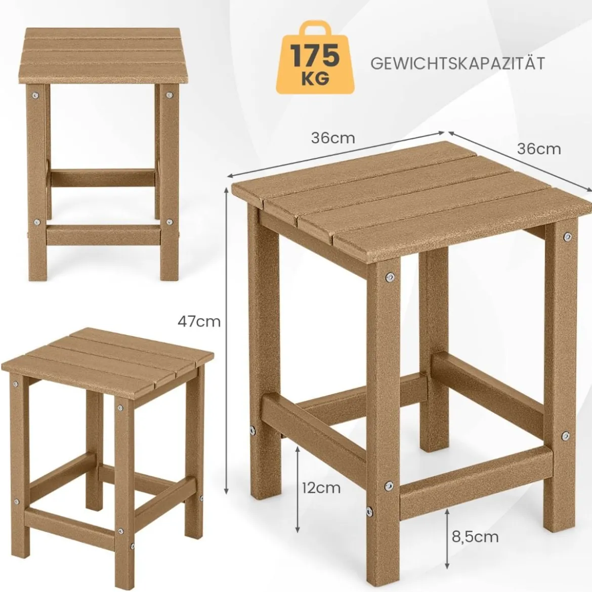 Beistelltisch Witterungsbeständiger HDPE Adirondack Tisch 36 x 36 x 47 cm Schwarz/Braun/Grau/Weiß