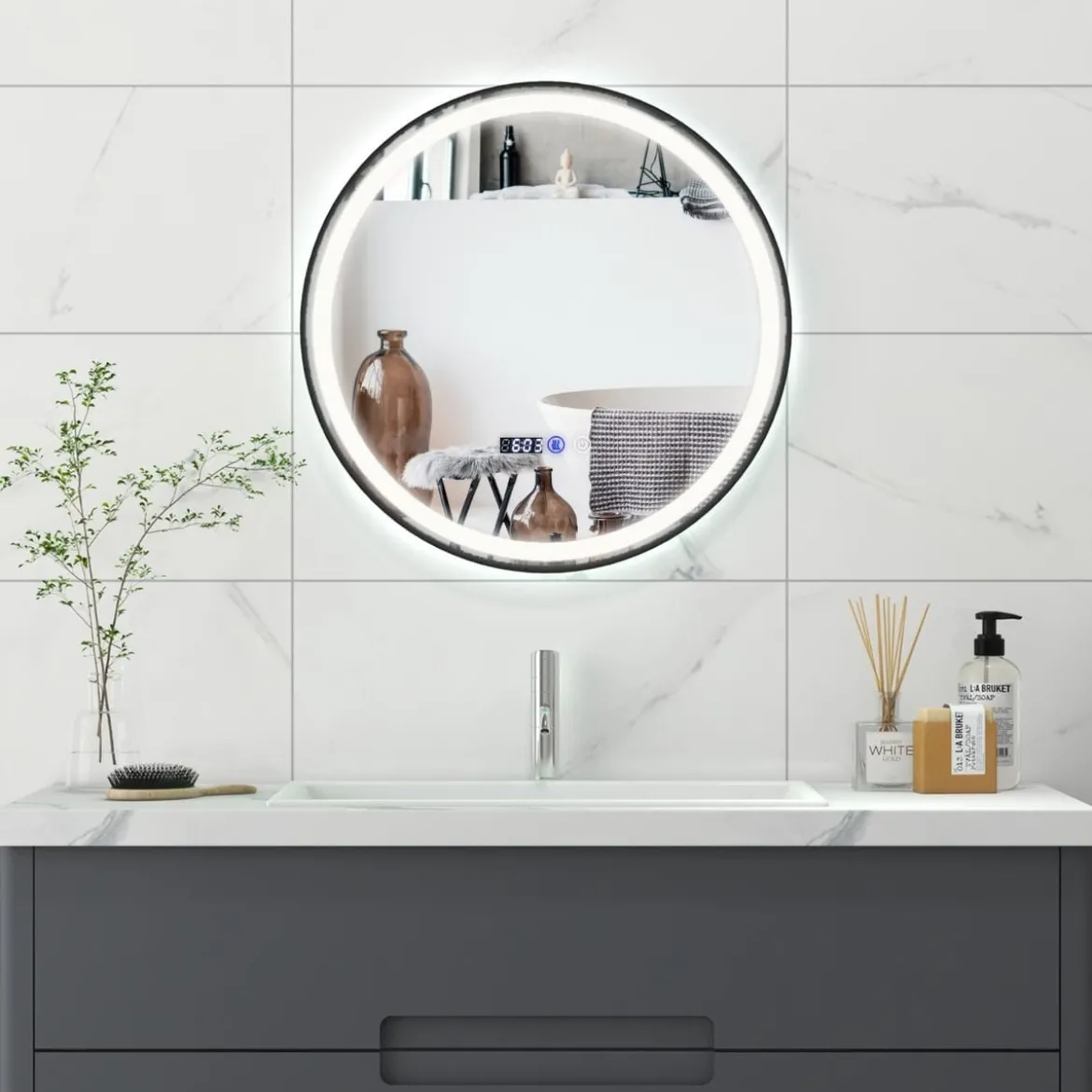 Beleuchteter Badezimmerspiegel mit 3-farbigem LED-Licht & Memory-Funktion & Antibeschlagfunktion