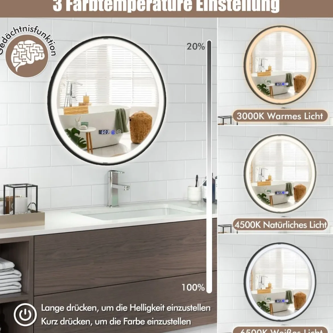 Beleuchteter Badezimmerspiegel mit 3-farbigem LED-Licht & Memory-Funktion & Antibeschlagfunktion