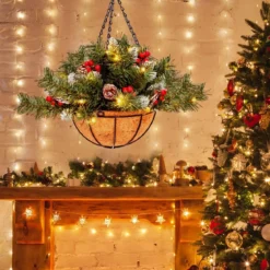 Beleuchteter künstlicher Weihnachts-Hängekorb Weihnachtsschmuck mit LED-Leuchten Ø40 x 45 cm Grün