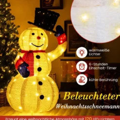 Beleuchteter LED Schneemann 130cm großer Weihnachtsfigur mit schwarzem Hut
