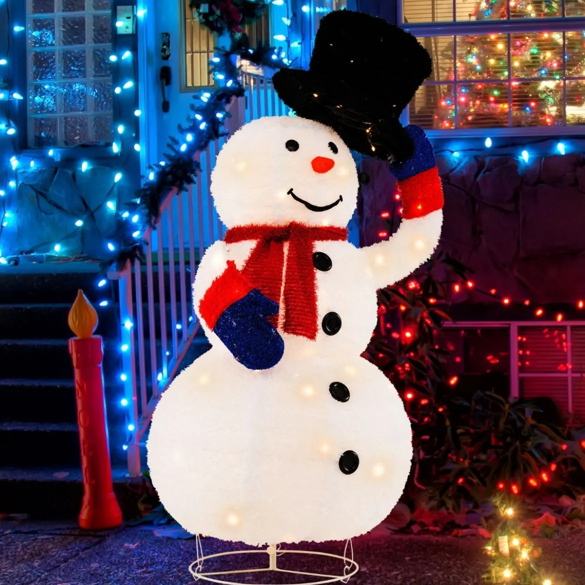 Beleuchteter LED Schneemann 130cm großer Weihnachtsfigur mit schwarzem Hut