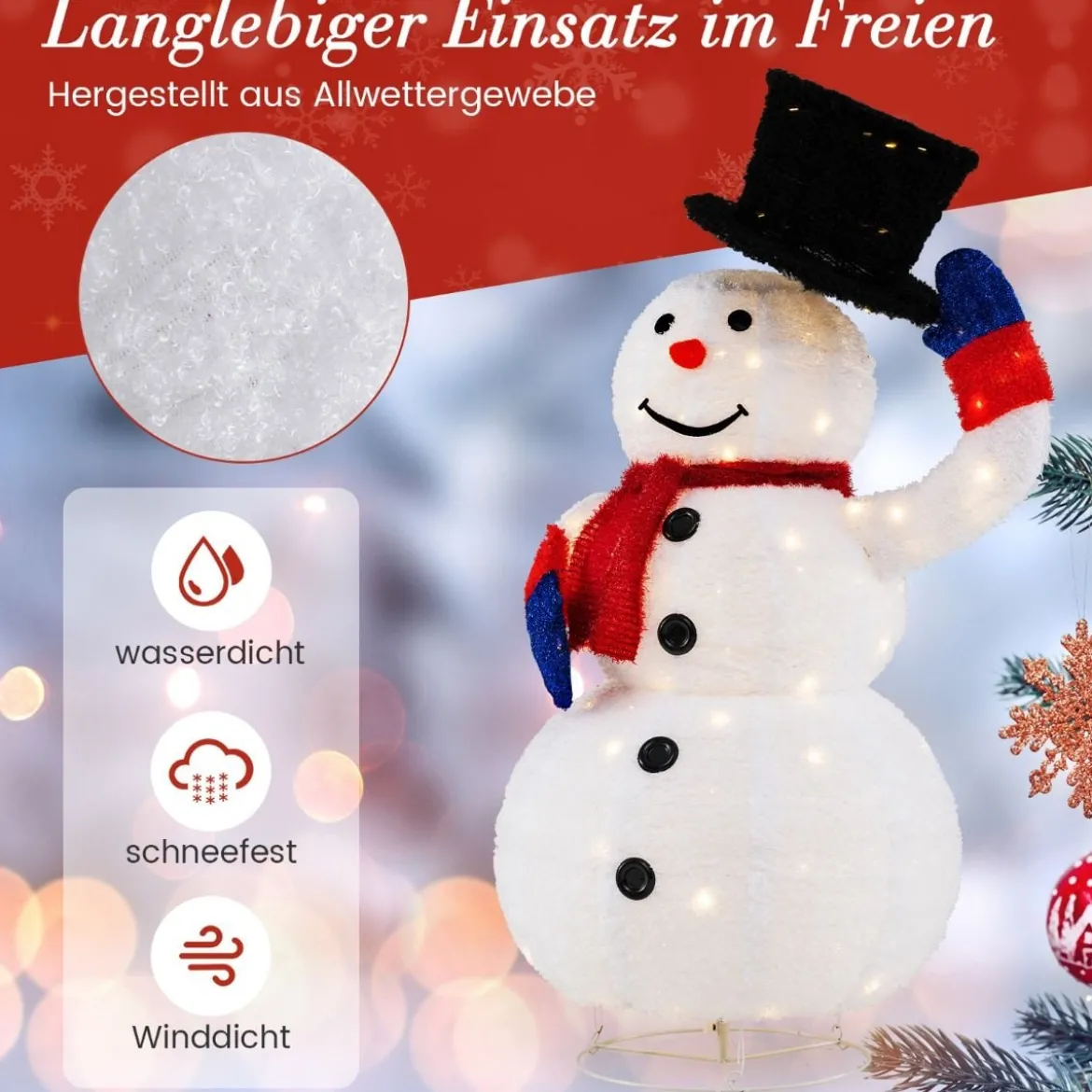 Beleuchteter LED Schneemann 130cm großer Weihnachtsfigur mit schwarzem Hut