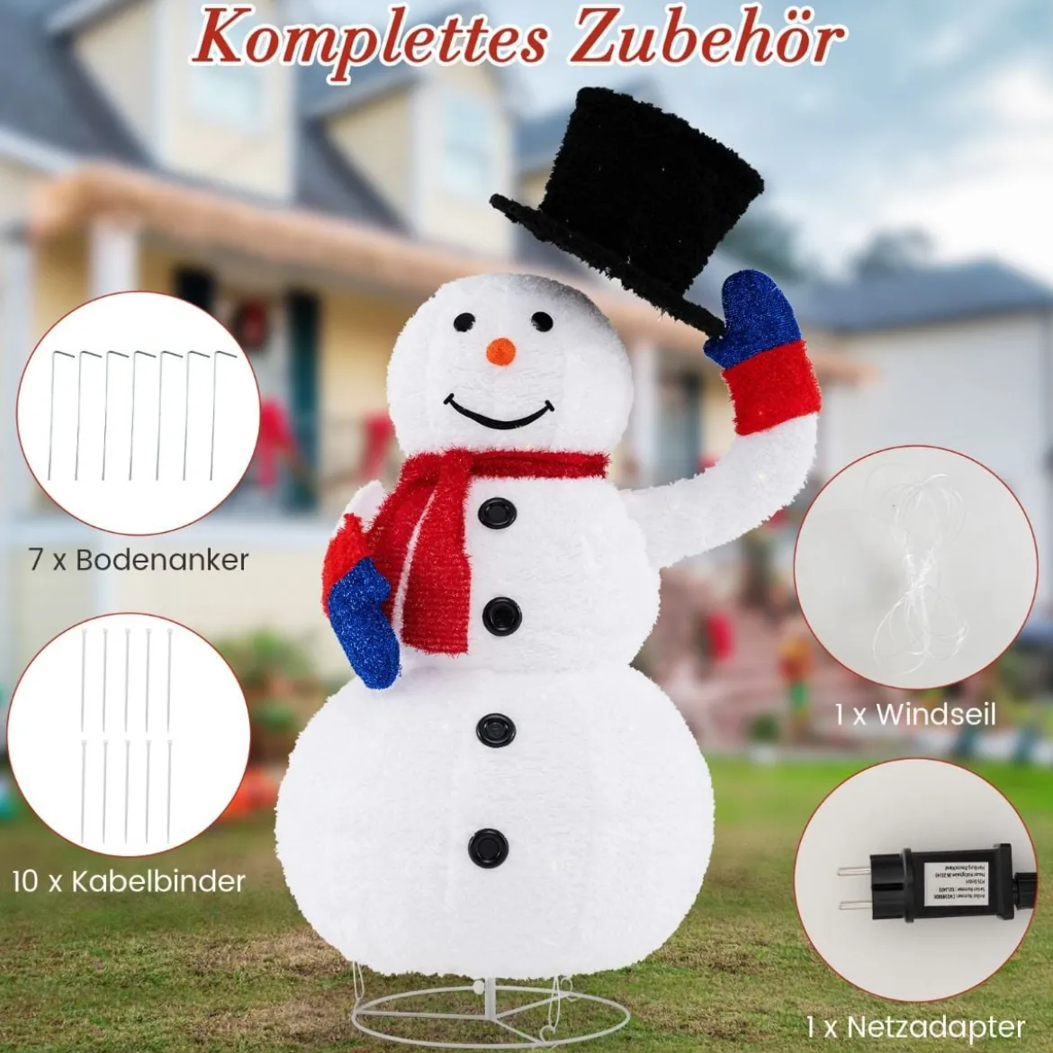 Beleuchteter LED Schneemann 130cm großer Weihnachtsfigur mit schwarzem Hut