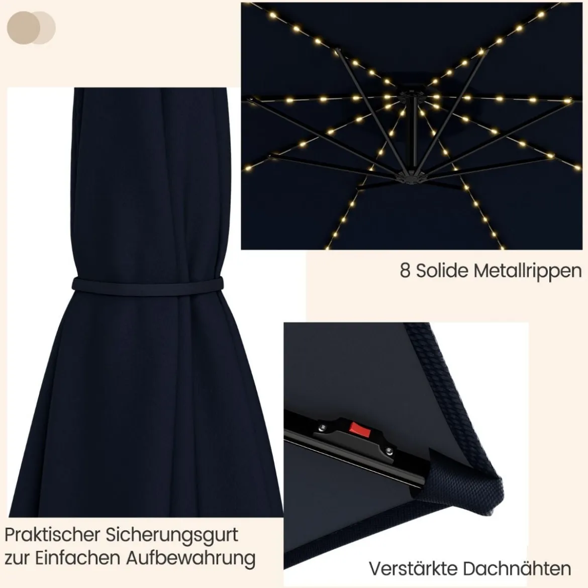 Beleuchteter Sonnenschirm mit 112 LED-Leuchten Solarbetriebener Terrassenschirm Marine