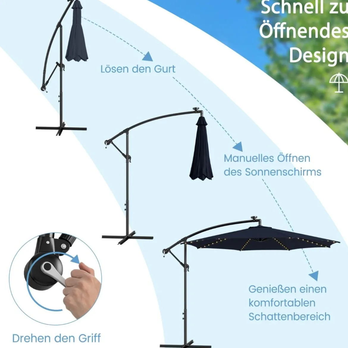 Beleuchteter Sonnenschirm mit 112 LED-Leuchten Solarbetriebener Terrassenschirm Marine