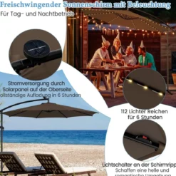 Beleuchteter Sonnenschirm mit 112 LED-Leuchten Solarbetriebener Terrassenschirm Kaffee