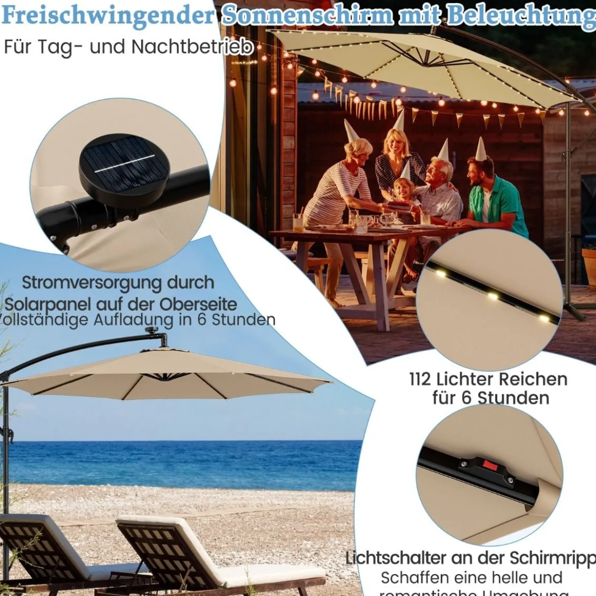 Beleuchteter Sonnenschirm mit 112 LED-Leuchten Solarbetriebener Terrassenschirm Beige
