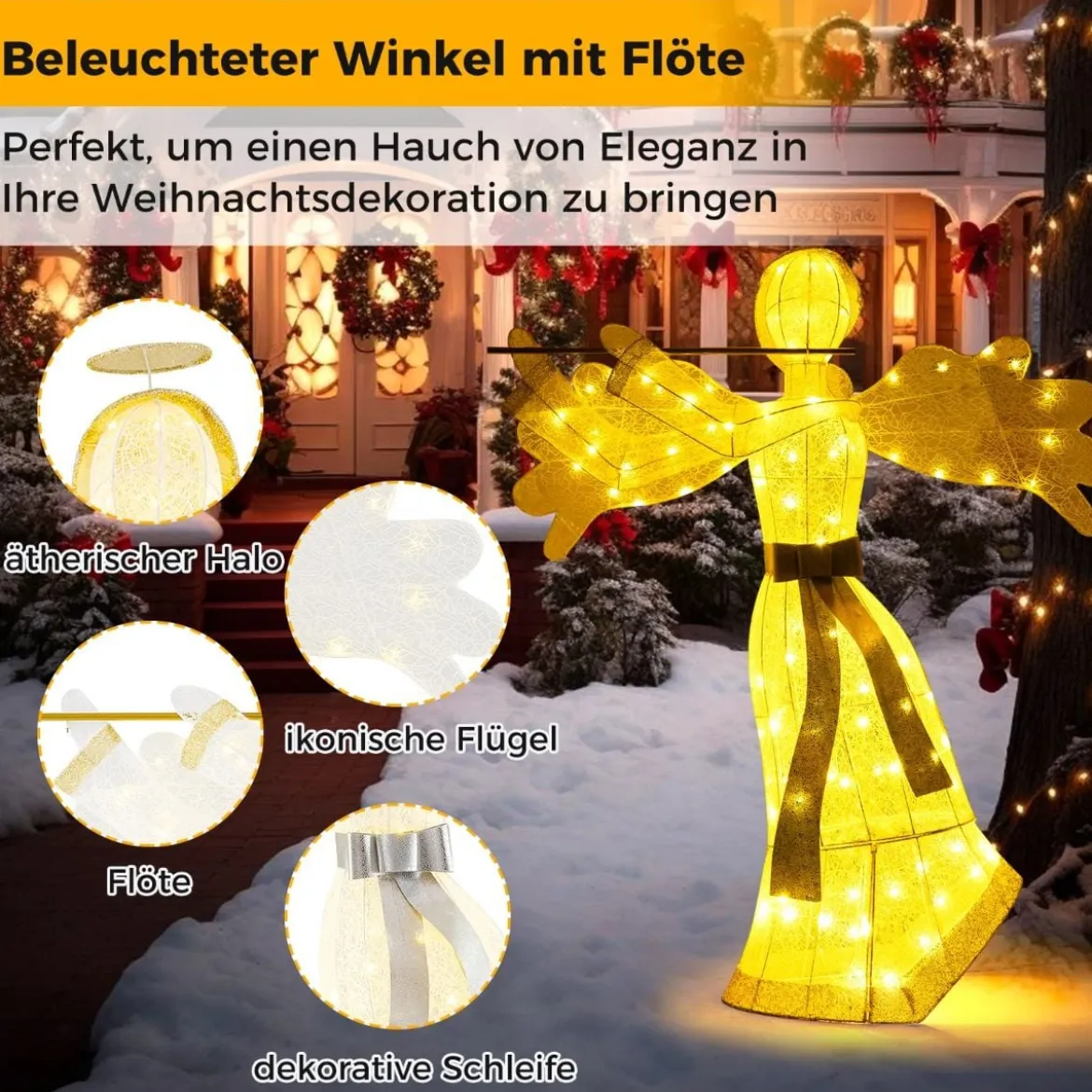 Beleuchteter Weihnachtsengel mit 100 LED-Lichtern 3-Dimensionale Engelsfigur Weihnachtsdeko