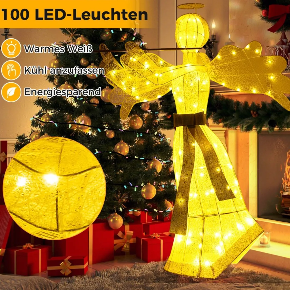 Beleuchteter Weihnachtsengel mit 100 LED-Lichtern 3-Dimensionale Engelsfigur Weihnachtsdeko