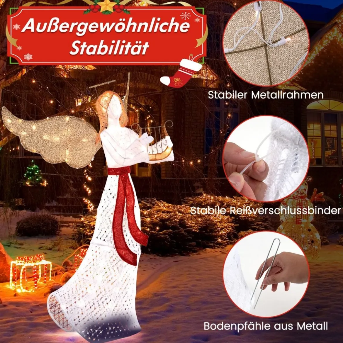 Beleuchteter Weihnachtsengel mit Harfe & 120 Warmweißen LED-Lichtern Weihnachtsdeko