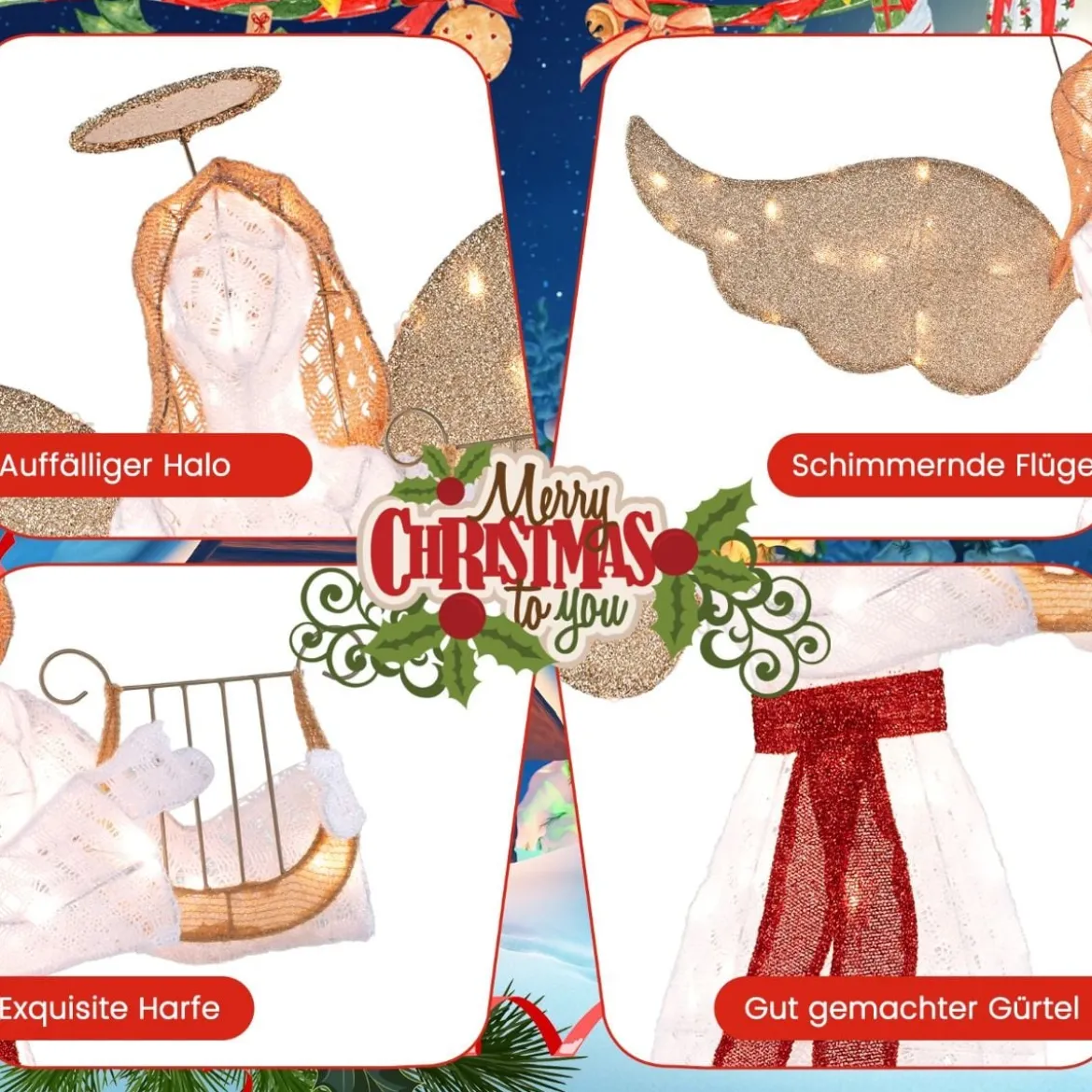 Beleuchteter Weihnachtsengel mit Harfe & 120 Warmweißen LED-Lichtern Weihnachtsdeko