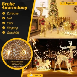 Beleuchtetes Weihnachts-Rentier mit Schlitten Vorbeleuchtete Weihnachtsdekoration 81,5 x 37 x 121,5 cm Golden