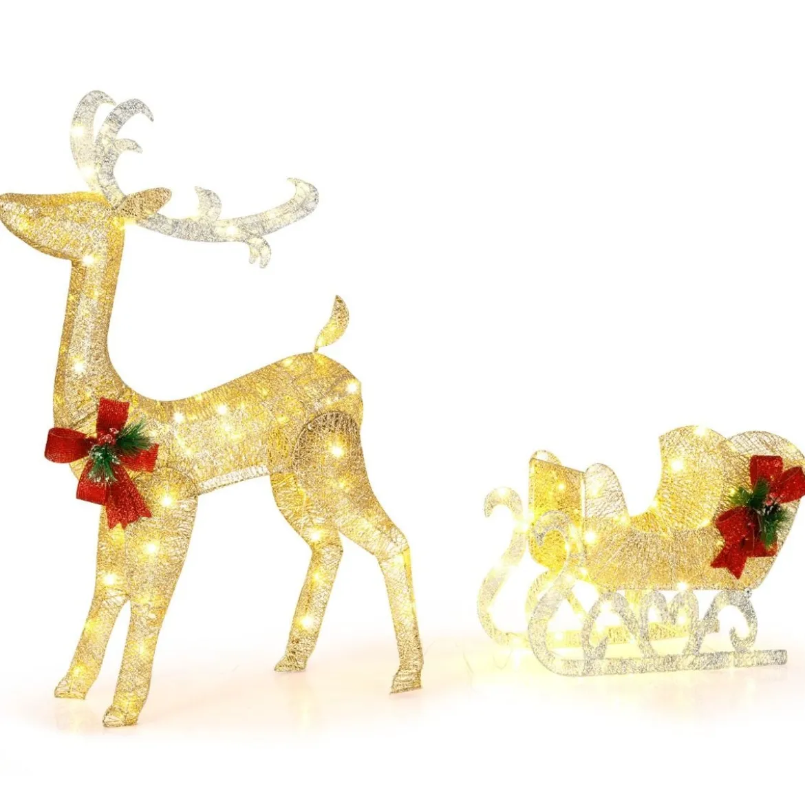 Beleuchtetes Weihnachts-Rentier mit Schlitten Vorbeleuchtete Weihnachtsdekoration 81,5 x 37 x 121,5 cm Golden