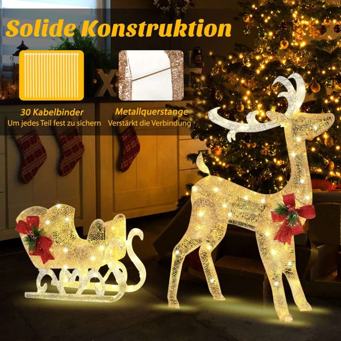 Beleuchtetes Weihnachts-Rentier mit Schlitten Vorbeleuchtete Weihnachtsdekoration 81,5 x 37 x 121,5 cm Golden