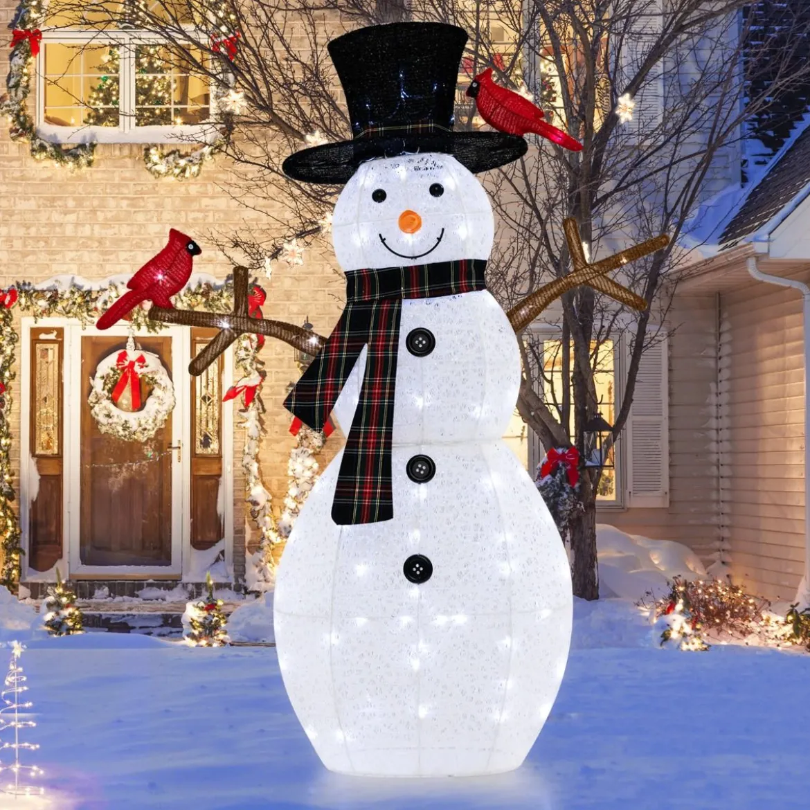 Beleuchtete Weihnachtsdekoration Schneemann mit roten Vögeln 99 x 16 x 127 cm Weiß