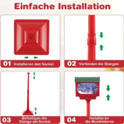 Beleuchtete Weihnachtsstraßenlampe 150cm rote Weihnachtslaterne mit Musik