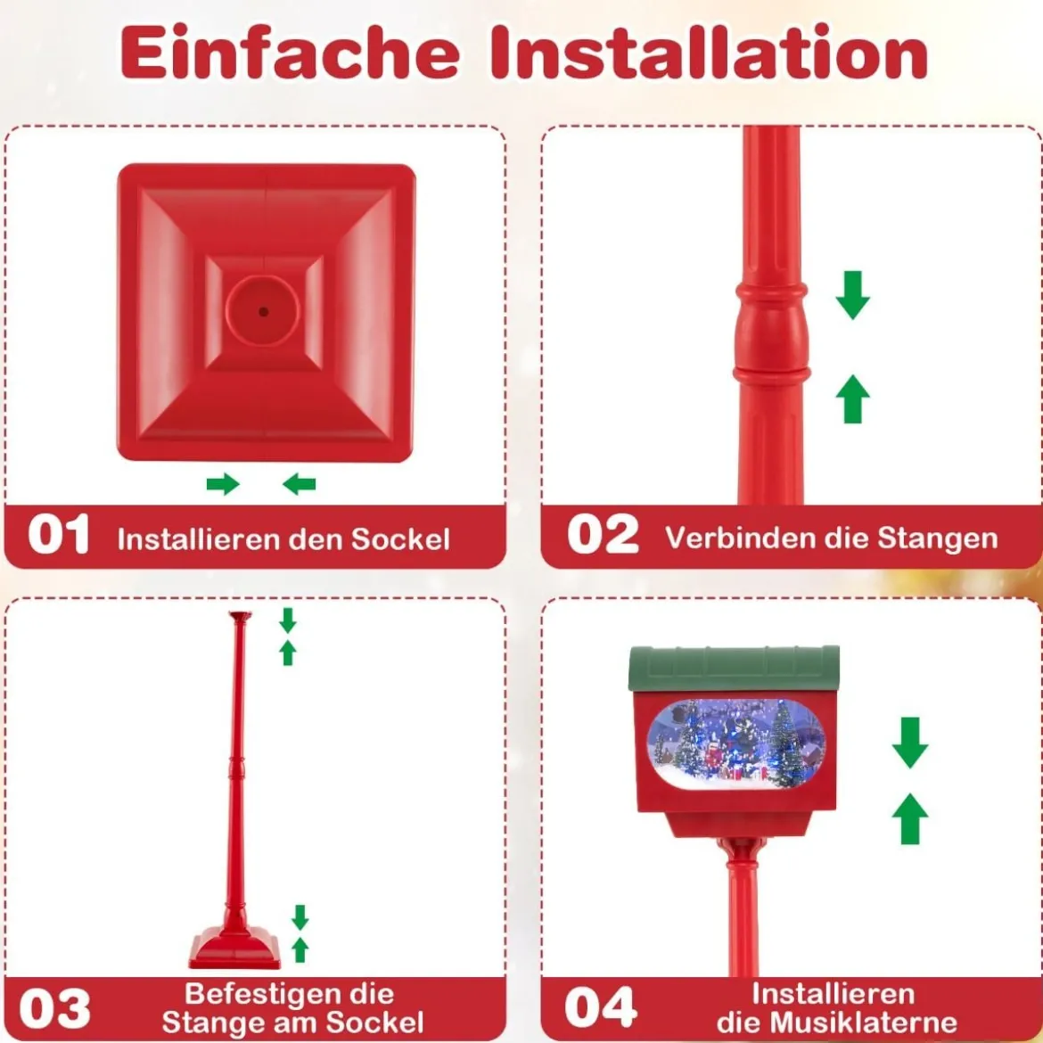 Beleuchtete Weihnachtsstraßenlampe 150cm rote Weihnachtslaterne mit Musik