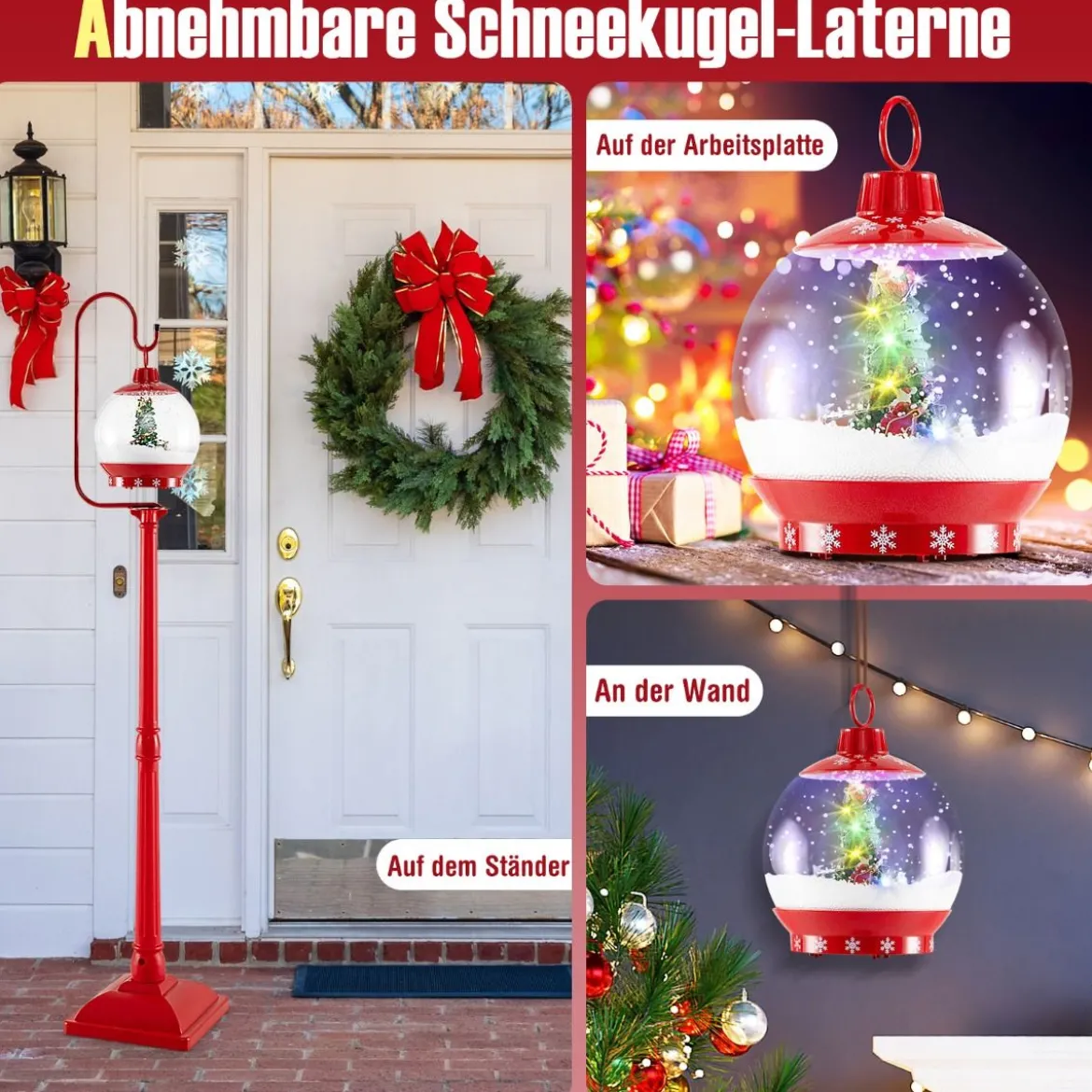 Beleuchtete Weihnachtsstraßenlampe 173cm rote Weihnachtslaterne mit Musik Rot