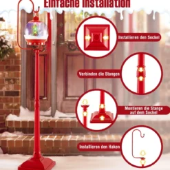Beleuchtete Weihnachtsstraßenlampe 173cm rote Weihnachtslaterne mit Musik Rot
