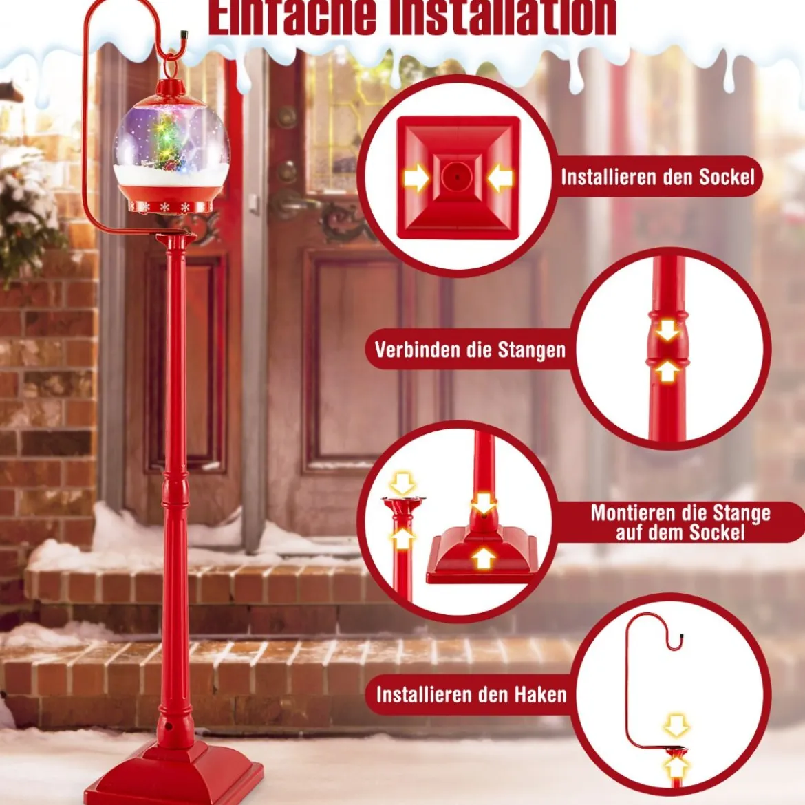 Beleuchtete Weihnachtsstraßenlampe 173cm rote Weihnachtslaterne mit Musik Rot