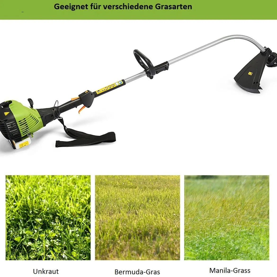 Benzin Rasentrimmer 800 W Freischneider Garten Kantenschneider mit Handgriffe Grün 167 x 21 cm