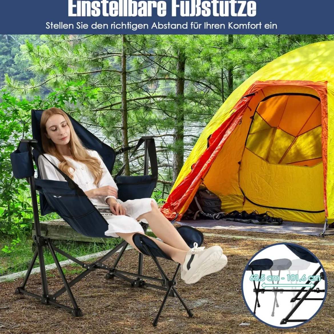 Bequemer Campingstuhl Klappbarer Schaukelstuhl mit Einziehbarer Fußstütze Marine