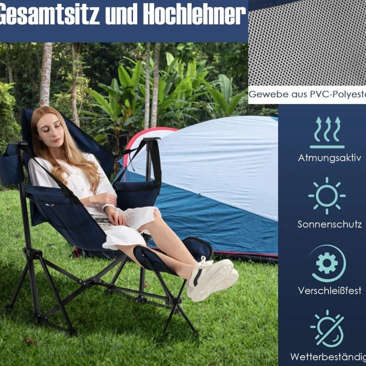 Bequemer Campingstuhl Klappbarer Schaukelstuhl mit Einziehbarer Fußstütze Marine