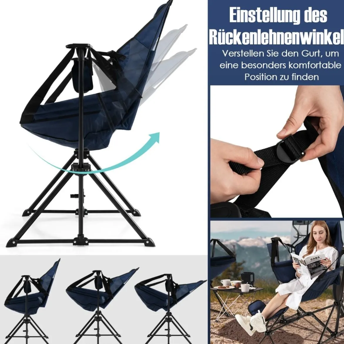 Bequemer Campingstuhl Klappbarer Schaukelstuhl mit Einziehbarer Fußstütze Marine