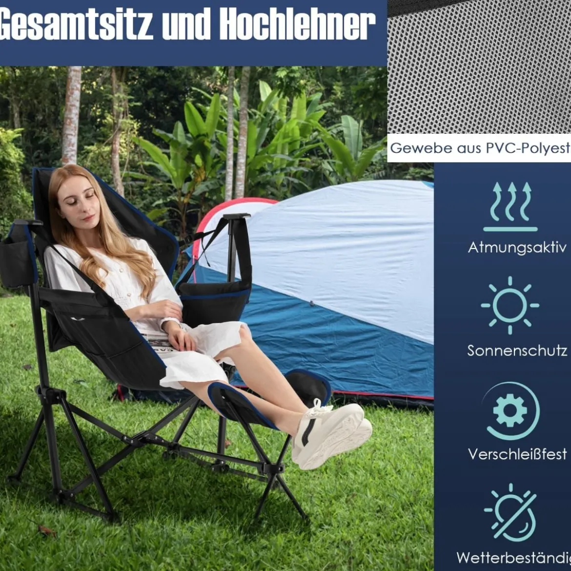 Bequemer Campingstuhl Klappbarer Schaukelstuhl mit Einziehbarer Fußstütze Schwarz