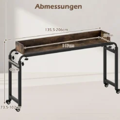 Überbetttisch mit Rollen & Verstellbarer Höhe & Länge Betttisch Pflegetisch Schreibtisch Rustikal Braun
