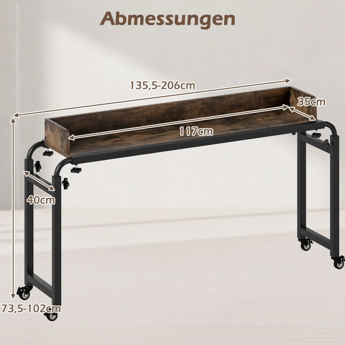 Überbetttisch mit Rollen & Verstellbarer Höhe & Länge Betttisch Pflegetisch Schreibtisch Rustikal Braun
