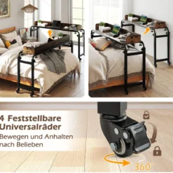 Überbetttisch mit Rollen & Verstellbarer Höhe & Länge Betttisch Pflegetisch Schreibtisch Rustikal Braun