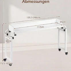 Überbetttisch mit Rollen & Verstellbarer Höhe & Länge Betttisch Pflegetisch Schreibtisch Weiß