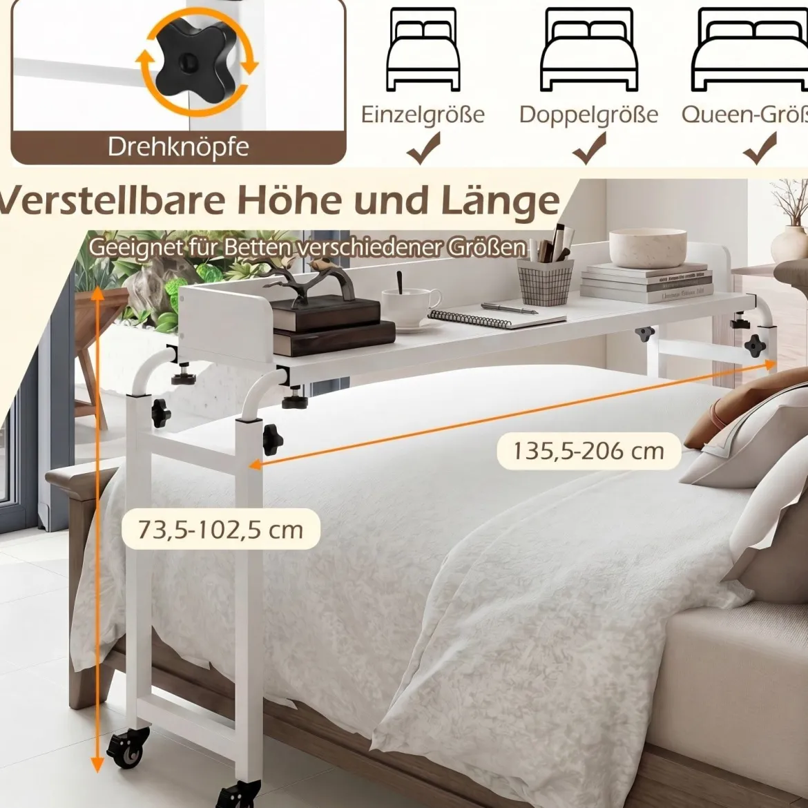 Überbetttisch mit Rollen & Verstellbarer Höhe & Länge Betttisch Pflegetisch Schreibtisch Weiß