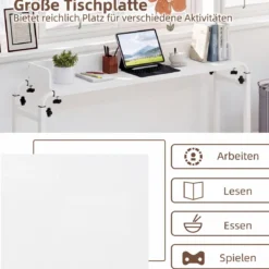 Überbetttisch mit Rollen & Verstellbarer Höhe & Länge Betttisch Pflegetisch Schreibtisch Weiß