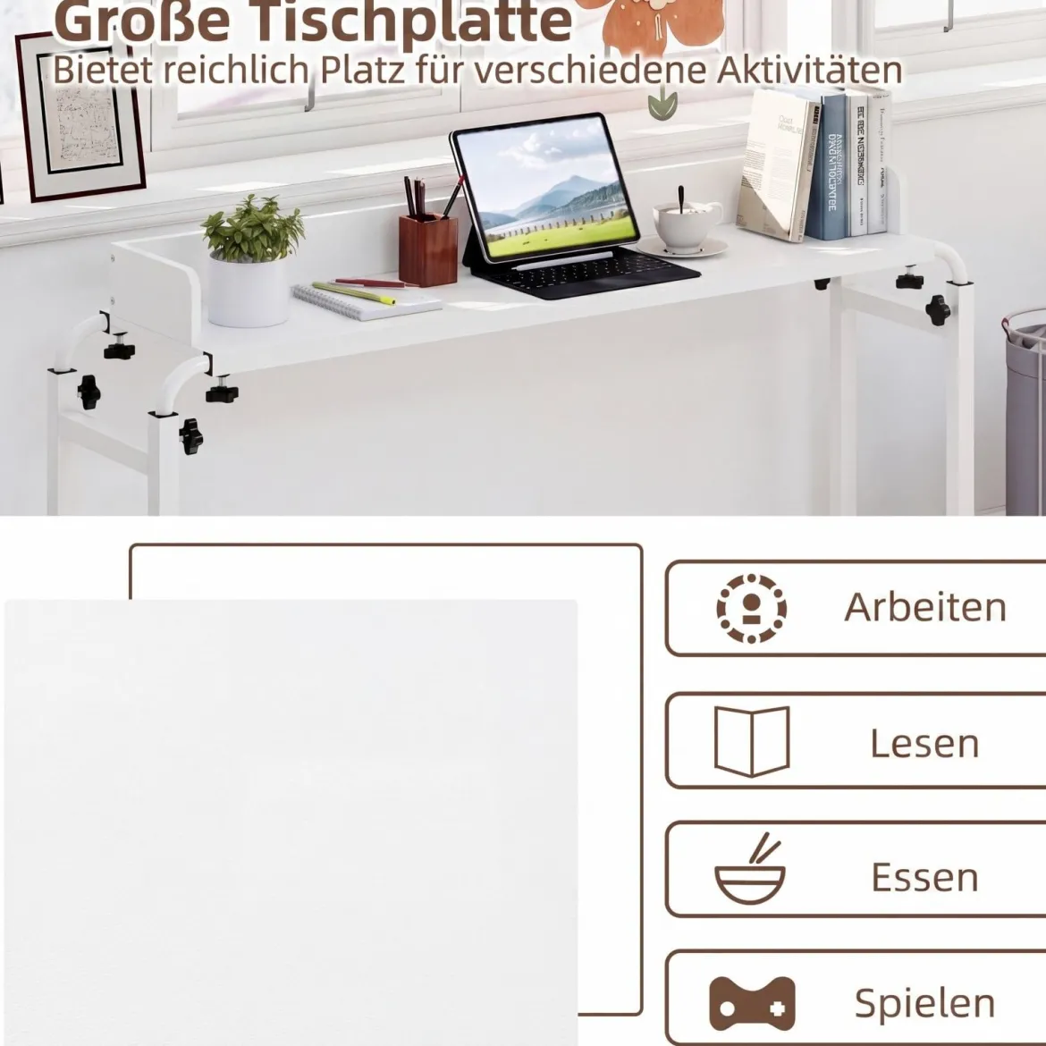 Überbetttisch mit Rollen & Verstellbarer Höhe & Länge Betttisch Pflegetisch Schreibtisch Weiß