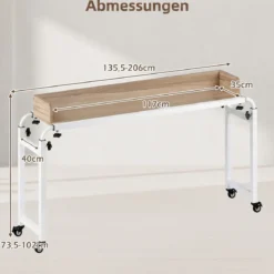Überbetttisch mit Rollen & Verstellbarer Höhe & Länge Betttisch Pflegetisch Schreibtisch Natur