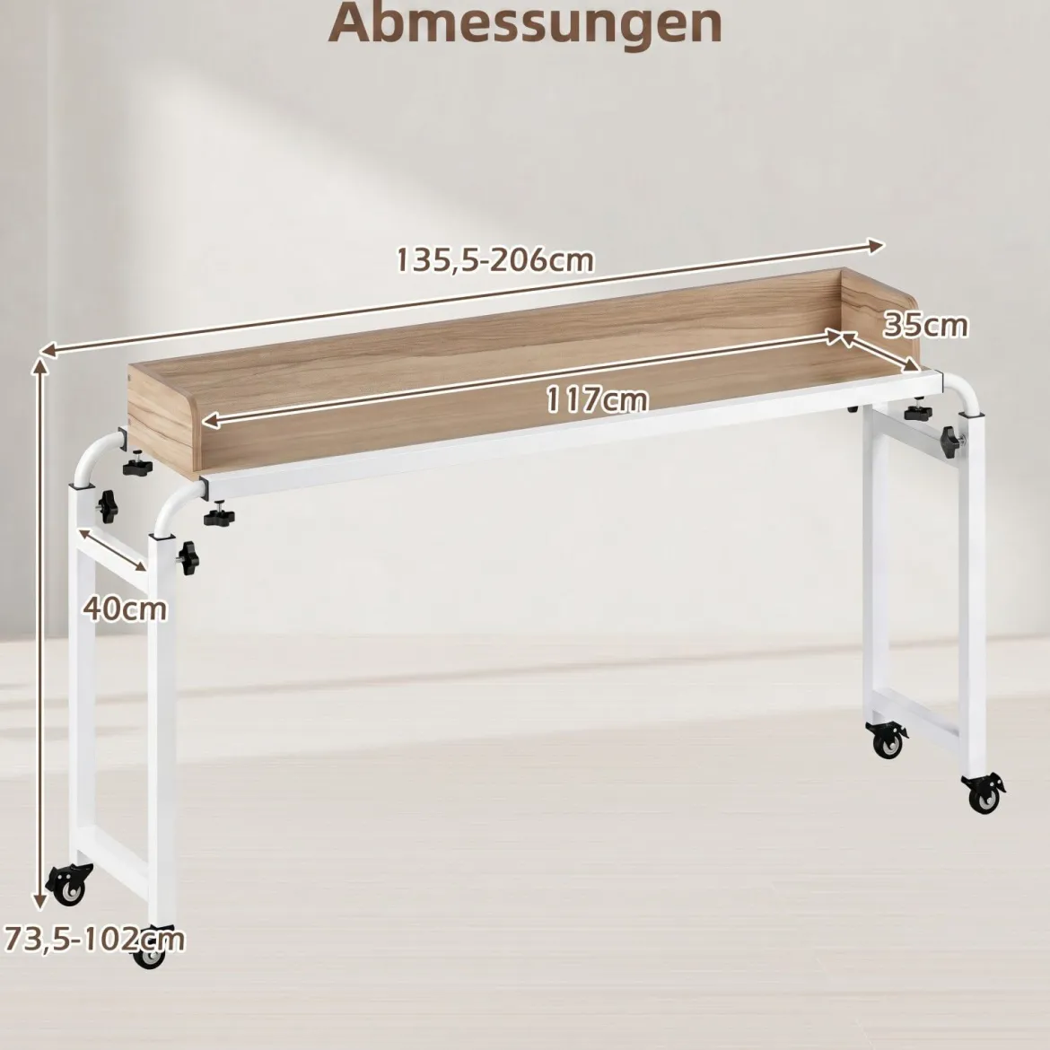 Überbetttisch mit Rollen & Verstellbarer Höhe & Länge Betttisch Pflegetisch Schreibtisch Natur