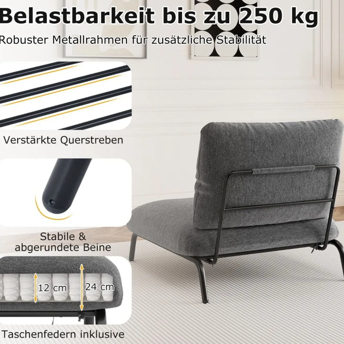 Übergroßer Akzentstuhl mit Extra Breitem & Tiefem Sitz Polsterstuhl Belastbar bis 250 kg Grau